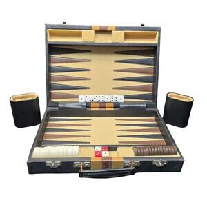 Vintage Travelling Backgammon Folding Classic Board Game Set Faux Leather Suede